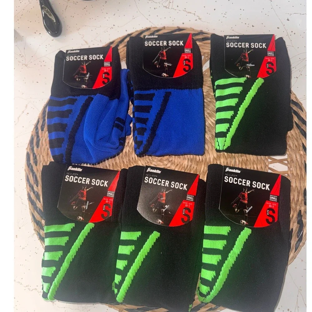 Franklin Neo-Fit Soccer Socks 6 Pair Bundle  Blue Neon Green Size Small 10-1